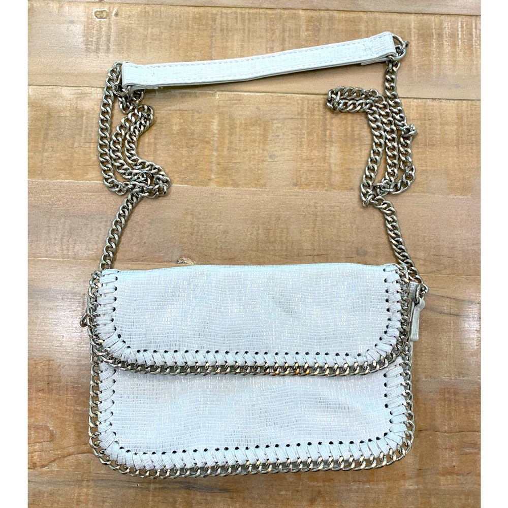 Sondra Roberts Squared white metallic shiny leather silver crossbody purse